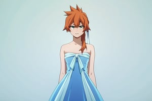 score_9, score_8_up, score_7_up, score_6_up, score_5_up, score_4_up, BREAK, , 1girl, Kendo, orange hair, green eyes, pageant dress, blue dress, strapless, standing, 