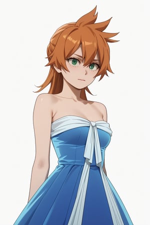 score_9, score_8_up, score_7_up, score_6_up, score_5_up, score_4_up, BREAK, , 1girl, Kendo, orange hair, green eyes, pageant dress, blue dress, strapless, 

,(( white background, blank background))