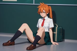 score_9, score_8_up, score_7_up, score_6_up, score_5_up, score_4_up, BREAK, , 1girl, Kendo, orange hair, green eyes, u.a. school uniform, white shirt, red necktie, kneehighs, brown footwear, sitting, legs spread