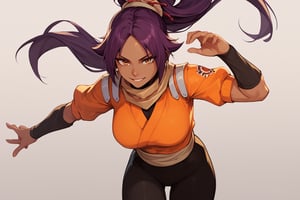 score_9,score_8_up,score_7_up,score_6_up,score_5_up,score_4_up, 

ShihouinYoruichi, dark-skinned female

Default Outfit (orange one):

YoruichiDefault, dark-skinned female, dark-skinned female, long hair, high ponytail, hair tie, scarf, orange shirt, arm warmers, sash, black bodysuit