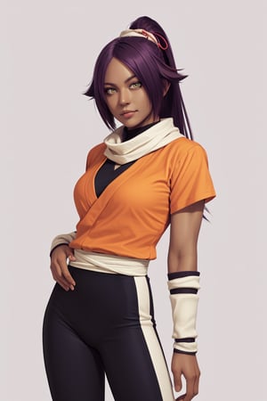 score_9,score_8_up,score_7_up,score_6_up,score_5_up,score_4_up, 

ShihouinYoruichi, dark-skinned female

Default Outfit (orange one):

YoruichiDefault, dark-skinned female, dark-skinned female, long hair, high ponytail, hair tie, scarf, orange shirt, arm warmers, sash, black bodysuit