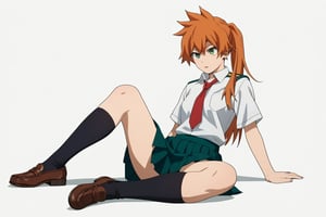 score_9, score_8_up, score_7_up, score_6_up, score_5_up, score_4_up, BREAK, , 1girl, Kendo, orange hair, green eyes, u.a. school uniform, white shirt, red necktie, kneehighs, brown footwear, sitting, legs spread,

,(( white background, blank background))