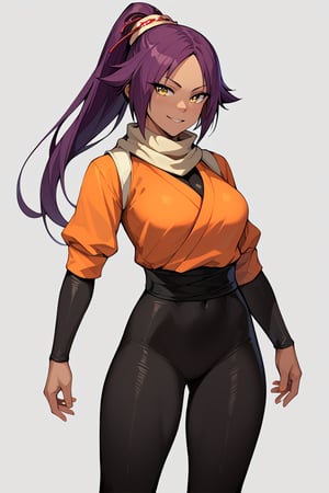 score_9,score_8_up,score_7_up,score_6_up,score_5_up,score_4_up, 

ShihouinYoruichi, dark-skinned female

Default Outfit (orange one):

YoruichiDefault, dark-skinned female, dark-skinned female, long hair, high ponytail, hair tie, scarf, orange shirt, arm warmers, sash, black bodysuit