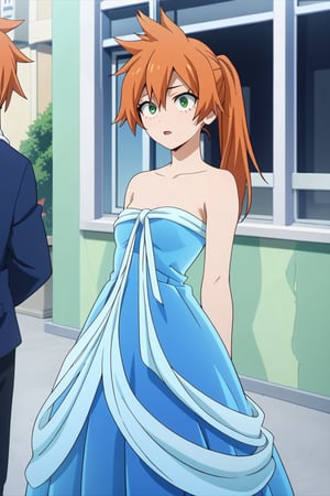 score_9, score_8_up, score_7_up, score_6_up, score_5_up, score_4_up, BREAK, , 1girl, Kendo, orange hair, green eyes, pageant dress, blue dress, strapless, standing, 