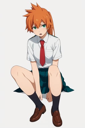 score_9, score_8_up, score_7_up, score_6_up, score_5_up, score_4_up, BREAK, , 1girl, Kendo, orange hair, green eyes, u.a. school uniform, white shirt, red necktie, kneehighs, brown footwear, sitting, legs spread,

,(( white background, blank background))