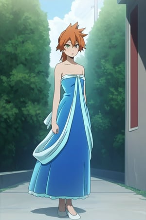 score_9, score_8_up, score_7_up, score_6_up, score_5_up, score_4_up, BREAK, , 1girl, Kendo, orange hair, green eyes, pageant dress, blue dress, strapless, standing, 