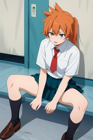 score_9, score_8_up, score_7_up, score_6_up, score_5_up, score_4_up, BREAK, , 1girl, Kendo, orange hair, green eyes, u.a. school uniform, white shirt, red necktie, kneehighs, brown footwear, sitting, legs spread