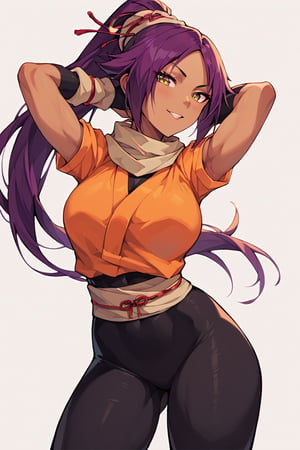 score_9,score_8_up,score_7_up,score_6_up,score_5_up,score_4_up, 

ShihouinYoruichi, dark-skinned female

Default Outfit (orange one):

YoruichiDefault, dark-skinned female, dark-skinned female, long hair, high ponytail, hair tie, scarf, orange shirt, arm warmers, sash, black bodysuit