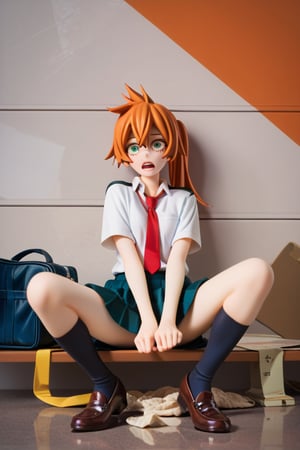 score_9, score_8_up, score_7_up, score_6_up, score_5_up, score_4_up, BREAK, , 1girl, Kendo, orange hair, green eyes, u.a. school uniform, white shirt, red necktie, kneehighs, brown footwear, sitting, legs spread