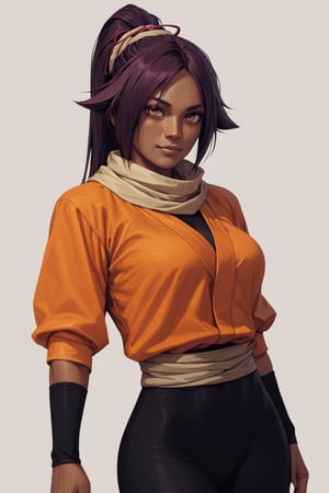 score_9,score_8_up,score_7_up,score_6_up,score_5_up,score_4_up, 

ShihouinYoruichi, dark-skinned female

Default Outfit (orange one):

YoruichiDefault, dark-skinned female, dark-skinned female, long hair, high ponytail, hair tie, scarf, orange shirt, arm warmers, sash, black bodysuit