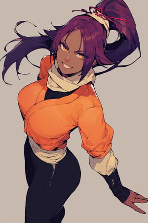 score_9,score_8_up,score_7_up,score_6_up,score_5_up,score_4_up, 

ShihouinYoruichi, dark-skinned female

Default Outfit (orange one):

YoruichiDefault, dark-skinned female, dark-skinned female, long hair, high ponytail, hair tie, scarf, orange shirt, arm warmers, sash, black bodysuit