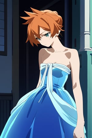 score_9, score_8_up, score_7_up, score_6_up, score_5_up, score_4_up, BREAK, , 1girl, Kendo, orange hair, green eyes, pageant dress, blue dress, strapless, standing, 