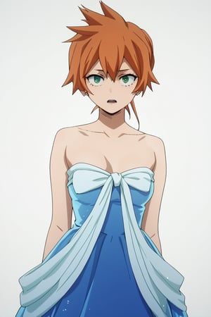 score_9, score_8_up, score_7_up, score_6_up, score_5_up, score_4_up, BREAK, , 1girl, Kendo, orange hair, green eyes, pageant dress, blue dress, strapless, 

,(( white background, blank background))