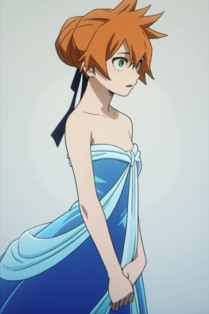 score_9, score_8_up, score_7_up, score_6_up, score_5_up, score_4_up, BREAK, , 1girl, Kendo, orange hair, green eyes, pageant dress, blue dress, strapless, standing, 