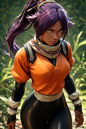 score_9,score_8_up,score_7_up,score_6_up,score_5_up,score_4_up, 

ShihouinYoruichi, dark-skinned female

Default Outfit (orange one):

YoruichiDefault, dark-skinned female, dark-skinned female, long hair, high ponytail, hair tie, scarf, orange shirt, arm warmers, sash, black bodysuit