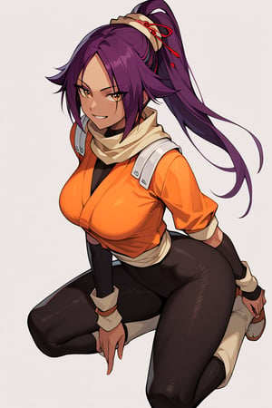 score_9,score_8_up,score_7_up,score_6_up,score_5_up,score_4_up, 

ShihouinYoruichi, dark-skinned female

Default Outfit (orange one):

YoruichiDefault, dark-skinned female, dark-skinned female, long hair, high ponytail, hair tie, scarf, orange shirt, arm warmers, sash, black bodysuit