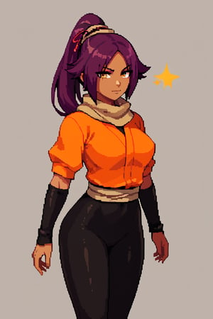 score_9,score_8_up,score_7_up,score_6_up,score_5_up,score_4_up, 

ShihouinYoruichi, dark-skinned female

Default Outfit (orange one):

YoruichiDefault, dark-skinned female, dark-skinned female, long hair, high ponytail, hair tie, scarf, orange shirt, arm warmers, sash, black bodysuit