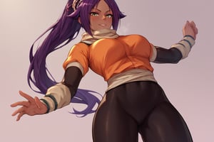 score_9,score_8_up,score_7_up,score_6_up,score_5_up,score_4_up, 

ShihouinYoruichi, dark-skinned female

Default Outfit (orange one):

YoruichiDefault, dark-skinned female, dark-skinned female, long hair, high ponytail, hair tie, scarf, orange shirt, arm warmers, sash, black bodysuit