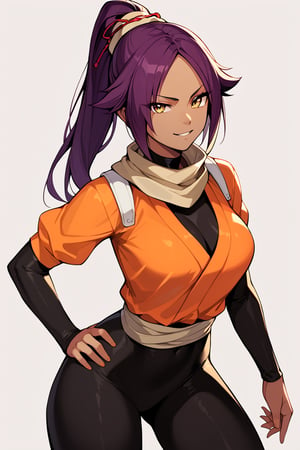 score_9,score_8_up,score_7_up,score_6_up,score_5_up,score_4_up, 

ShihouinYoruichi, dark-skinned female

Default Outfit (orange one):

YoruichiDefault, dark-skinned female, dark-skinned female, long hair, high ponytail, hair tie, scarf, orange shirt, arm warmers, sash, black bodysuit