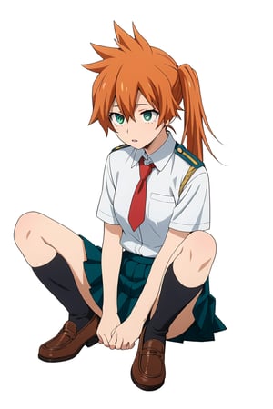 score_9, score_8_up, score_7_up, score_6_up, score_5_up, score_4_up, BREAK, , 1girl, Kendo, orange hair, green eyes, u.a. school uniform, white shirt, red necktie, kneehighs, brown footwear, sitting, legs spread,

,(( white background, blank background))