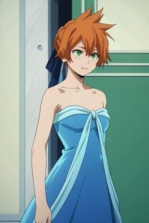 score_9, score_8_up, score_7_up, score_6_up, score_5_up, score_4_up, BREAK, , 1girl, Kendo, orange hair, green eyes, pageant dress, blue dress, strapless, standing, 