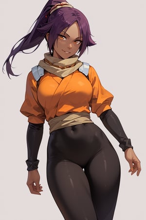 score_9,score_8_up,score_7_up,score_6_up,score_5_up,score_4_up, 

ShihouinYoruichi, dark-skinned female

Default Outfit (orange one):

YoruichiDefault, dark-skinned female, dark-skinned female, long hair, high ponytail, hair tie, scarf, orange shirt, arm warmers, sash, black bodysuit