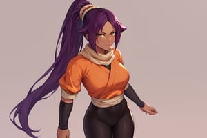 score_9,score_8_up,score_7_up,score_6_up,score_5_up,score_4_up, 

ShihouinYoruichi, dark-skinned female

Default Outfit (orange one):

YoruichiDefault, dark-skinned female, dark-skinned female, long hair, high ponytail, hair tie, scarf, orange shirt, arm warmers, sash, black bodysuit