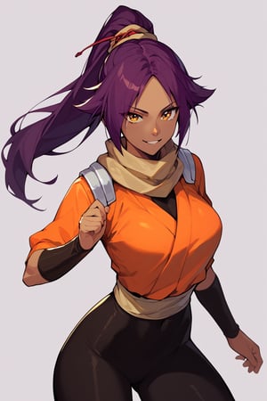 score_9,score_8_up,score_7_up,score_6_up,score_5_up,score_4_up, 

ShihouinYoruichi, dark-skinned female

Default Outfit (orange one):

YoruichiDefault, dark-skinned female, dark-skinned female, long hair, high ponytail, hair tie, scarf, orange shirt, arm warmers, sash, black bodysuit