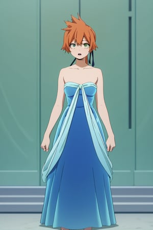 score_9, score_8_up, score_7_up, score_6_up, score_5_up, score_4_up, BREAK, , 1girl, Kendo, orange hair, green eyes, pageant dress, blue dress, strapless, standing, 