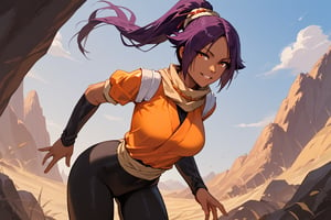 score_9,score_8_up,score_7_up,score_6_up,score_5_up,score_4_up, 

ShihouinYoruichi, dark-skinned female

Default Outfit (orange one):

YoruichiDefault, dark-skinned female, dark-skinned female, long hair, high ponytail, hair tie, scarf, orange shirt, arm warmers, sash, black bodysuit