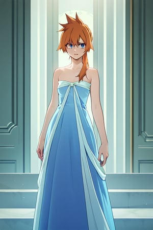 score_9, score_8_up, score_7_up, score_6_up, score_5_up, score_4_up, BREAK, , 1girl, Kendo, orange hair, green eyes, pageant dress, blue dress, strapless, standing, 