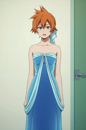 score_9, score_8_up, score_7_up, score_6_up, score_5_up, score_4_up, BREAK, , 1girl, Kendo, orange hair, green eyes, pageant dress, blue dress, strapless, standing, 