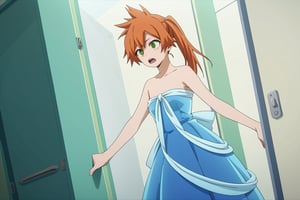 score_9, score_8_up, score_7_up, score_6_up, score_5_up, score_4_up, BREAK, , 1girl, Kendo, orange hair, green eyes, pageant dress, blue dress, strapless, standing, 