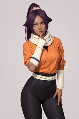 score_9,score_8_up,score_7_up,score_6_up,score_5_up,score_4_up, 

ShihouinYoruichi, dark-skinned female

Default Outfit (orange one):

YoruichiDefault, dark-skinned female, dark-skinned female, long hair, high ponytail, hair tie, scarf, orange shirt, arm warmers, sash, black bodysuit