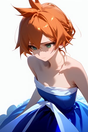 score_9, score_8_up, score_7_up, score_6_up, score_5_up, score_4_up, BREAK, , 1girl, Kendo, orange hair, green eyes, pageant dress, blue dress, strapless, 

,(( white background, blank background))