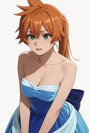 score_9, score_8_up, score_7_up, score_6_up, score_5_up, score_4_up, BREAK, , 1girl, Kendo, orange hair, green eyes, pageant dress, blue dress, strapless, 

,(( white background, blank background))