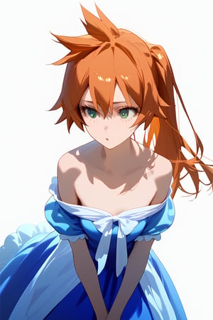 score_9, score_8_up, score_7_up, score_6_up, score_5_up, score_4_up, BREAK, , 1girl, Kendo, orange hair, green eyes, pageant dress, blue dress, strapless, 

,(( white background, blank background))