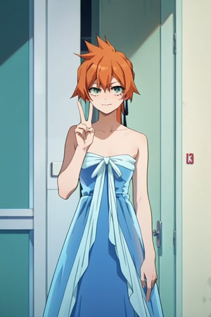 score_9, score_8_up, score_7_up, score_6_up, score_5_up, score_4_up, BREAK, , 1girl, Kendo, orange hair, green eyes, pageant dress, blue dress, strapless, standing, peace sign