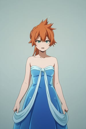 score_9, score_8_up, score_7_up, score_6_up, score_5_up, score_4_up, BREAK, , 1girl, Kendo, orange hair, green eyes, pageant dress, blue dress, strapless, standing, 