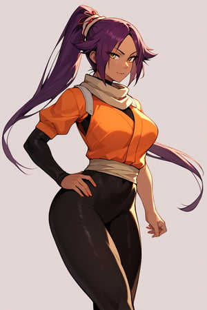 score_9,score_8_up,score_7_up,score_6_up,score_5_up,score_4_up, 

ShihouinYoruichi, dark-skinned female

Default Outfit (orange one):

YoruichiDefault, dark-skinned female, dark-skinned female, long hair, high ponytail, hair tie, scarf, orange shirt, arm warmers, sash, black bodysuit