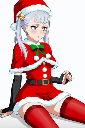 score_9_up, score_8_up, score_7_up, BREAK, source_anime, anime screencap,
Masterpiece, best quality, high quality, highres, 4k, 
1girl, solo, Noelle silva, long silver hair, twintails, purple eyes, 

Outfit 1:
Outfit 1, Christmas outfit, santa outfit, santa hat, white fur tim, strapless red dress, belt, red stockings, thighhighs, black gloves, red capelet, 

Outfit 2:
Outfit 2, Christmas outfit, santa outfit, santa hat, white fur tim, strapless red dress, belt, red stockings, thighhighs, red bridal gauntlets,

, ((White background blank background)):1.4