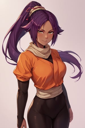 score_9,score_8_up,score_7_up,score_6_up,score_5_up,score_4_up, 

ShihouinYoruichi, dark-skinned female

Default Outfit (orange one):

YoruichiDefault, dark-skinned female, dark-skinned female, long hair, high ponytail, hair tie, scarf, orange shirt, arm warmers, sash, black bodysuit