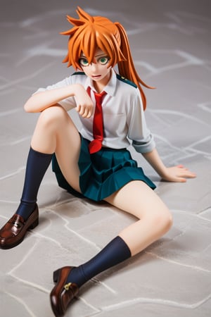 score_9, score_8_up, score_7_up, score_6_up, score_5_up, score_4_up, BREAK, , 1girl, Kendo, orange hair, green eyes, u.a. school uniform, white shirt, red necktie, kneehighs, brown footwear, sitting, legs spread