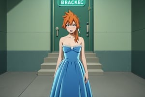 score_9, score_8_up, score_7_up, score_6_up, score_5_up, score_4_up, BREAK, , 1girl, Kendo, orange hair, green eyes, pageant dress, blue dress, strapless, standing, 