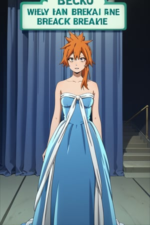 score_9, score_8_up, score_7_up, score_6_up, score_5_up, score_4_up, BREAK, , 1girl, Kendo, orange hair, green eyes, pageant dress, blue dress, strapless, standing, 