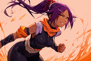 score_9,score_8_up,score_7_up,score_6_up,score_5_up,score_4_up, 

ShihouinYoruichi, dark-skinned female

Default Outfit (orange one):

YoruichiDefault, dark-skinned female, dark-skinned female, long hair, high ponytail, hair tie, scarf, orange shirt, arm warmers, sash, black bodysuit