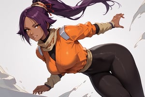 score_9,score_8_up,score_7_up,score_6_up,score_5_up,score_4_up, 

ShihouinYoruichi, dark-skinned female

Default Outfit (orange one):

YoruichiDefault, dark-skinned female, dark-skinned female, long hair, high ponytail, hair tie, scarf, orange shirt, arm warmers, sash, black bodysuit