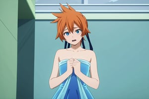 score_9, score_8_up, score_7_up, score_6_up, score_5_up, score_4_up, BREAK, , 1girl, Kendo, orange hair, green eyes, pageant dress, blue dress, strapless, standing, 