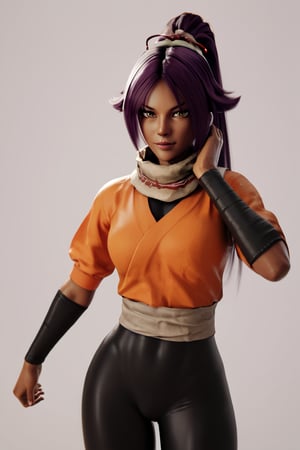 score_9,score_8_up,score_7_up,score_6_up,score_5_up,score_4_up, 

ShihouinYoruichi, dark-skinned female

Default Outfit (orange one):

YoruichiDefault, dark-skinned female, dark-skinned female, long hair, high ponytail, hair tie, scarf, orange shirt, arm warmers, sash, black bodysuit