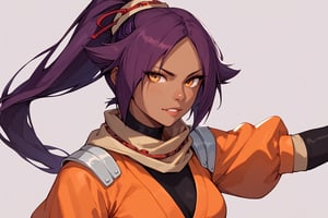 score_9,score_8_up,score_7_up,score_6_up,score_5_up,score_4_up, 

ShihouinYoruichi, dark-skinned female

Default Outfit (orange one):

YoruichiDefault, dark-skinned female, dark-skinned female, long hair, high ponytail, hair tie, scarf, orange shirt, arm warmers, sash, black bodysuit